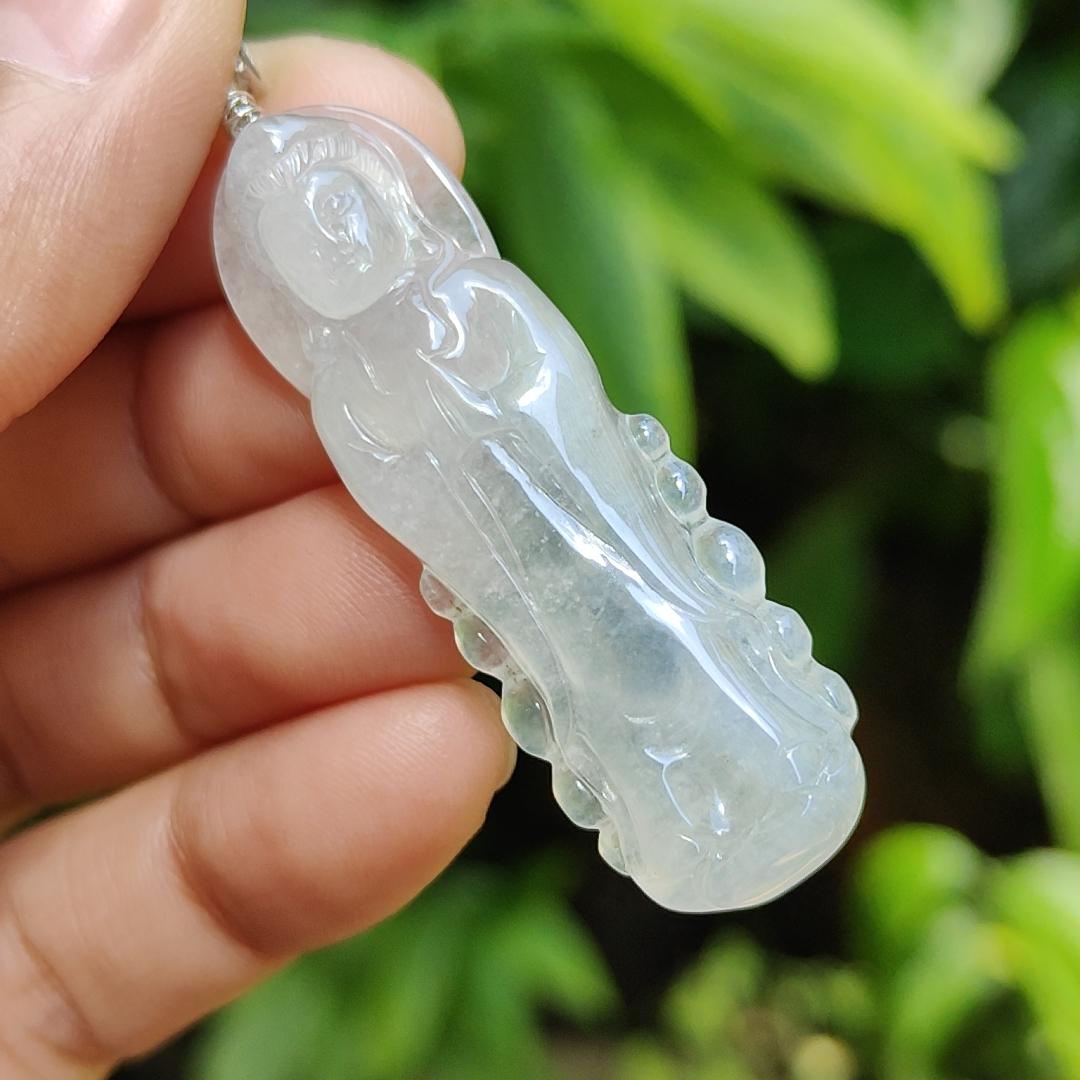 High Quality Icy Translucent Natural Type A Jadeite Jade crafted as Standing Guanyin, S925 clasp added as Pendant, certificate weighs 7.79 grams, measurement 45.7 * 14.8 * 6.3 mm (pendant269)