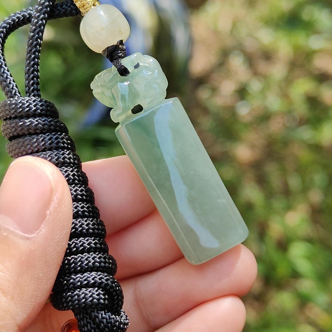 An Excellent Piece of Green Natural Type A Jadeite Pendant Necklace or Stamp crafted with Pixiu boosting Incoming Money and power with certificate weigh 13.16 grams, 41.2 * 13.6 * 8.7 mm , (pendant137)