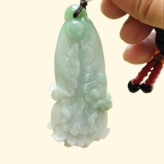 Good Quality Light Green Natural Type A Jadeite Jade crafted as Cabbage symbols of Lucks with Money as Pendant, certificate weighs 36.65 grams, measurement 62.5 * 28.6 * 13.1 mm (pendant267)