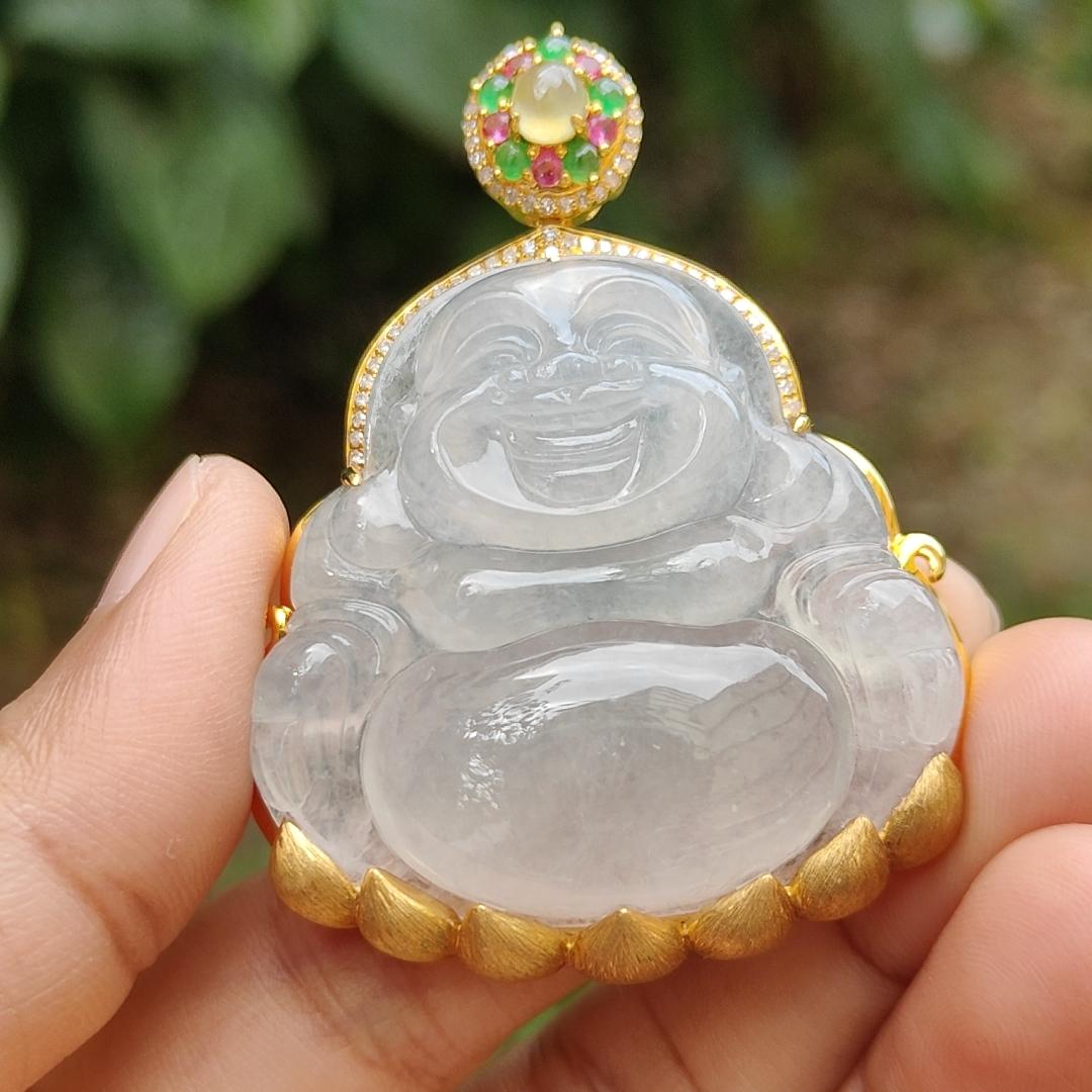 Premium Icy Translucent Natural Type A Jadeite Jade crafted as Milo Buddha set on 18k gold with diamonds as Pendant, certificate weighs 26.07 grams, measurement 38.8 * 40 * 7.2 mm, (18kp41)