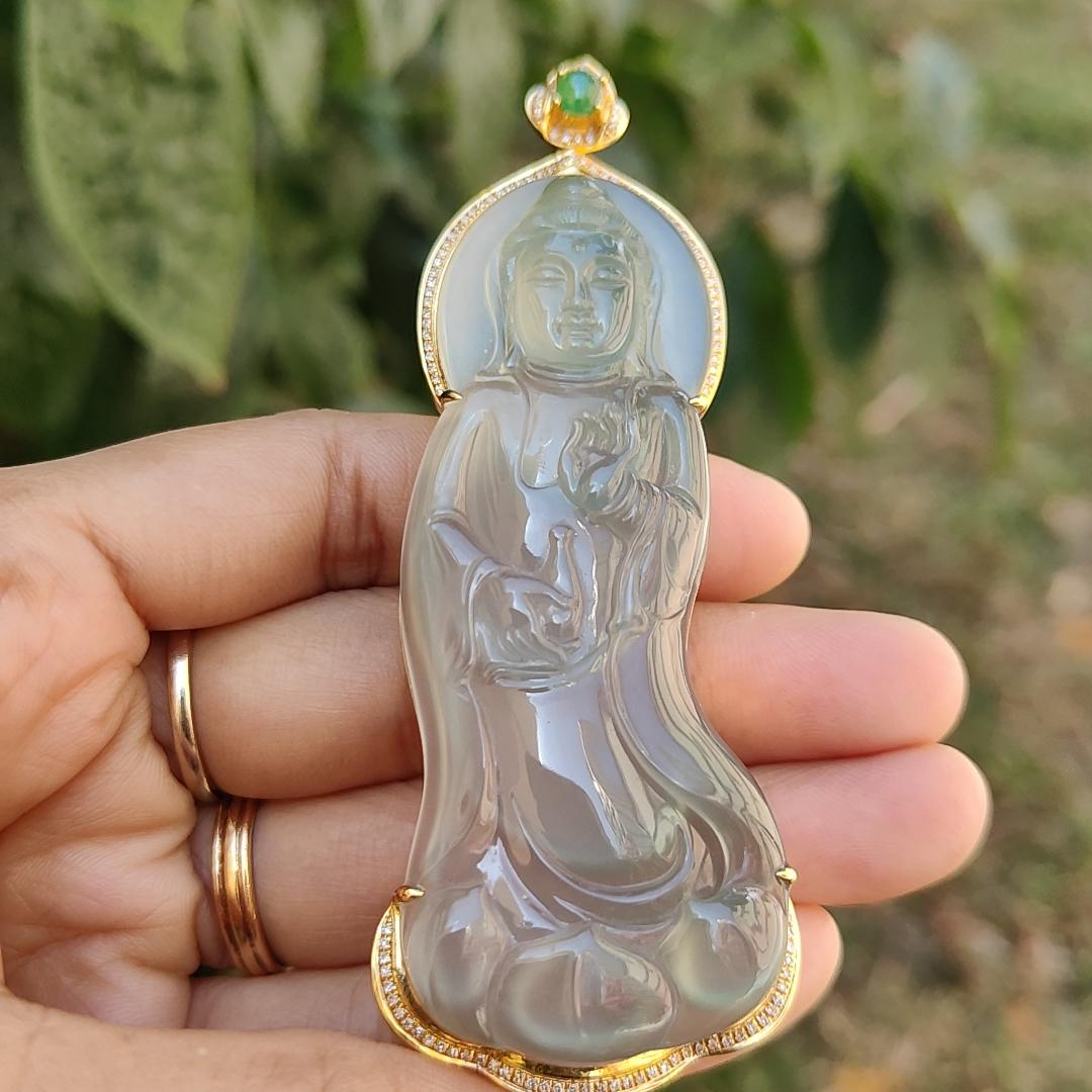 Super Rare Premium High Quality Light Green with Green Natural Type A Jadeite Jade crafted as Standing Guanyin set on 18k Gold with diamonds and one green cabochon, certificate weigh  27.19 grams, measurement 89.9 * 33.2 * 11.9 mm (18kp34)