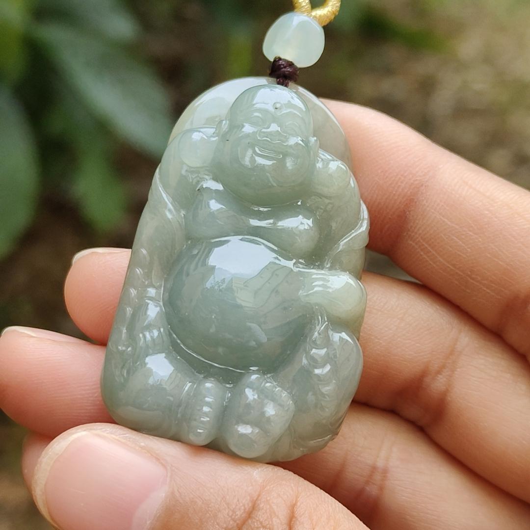 Light Green Natural Type A Jadeite Jade crafted with Milo Buddha as Pendant, certificate weighs 27.52grams, measurement 44.3 * 27.9 * 11.6 mm (pendant248)