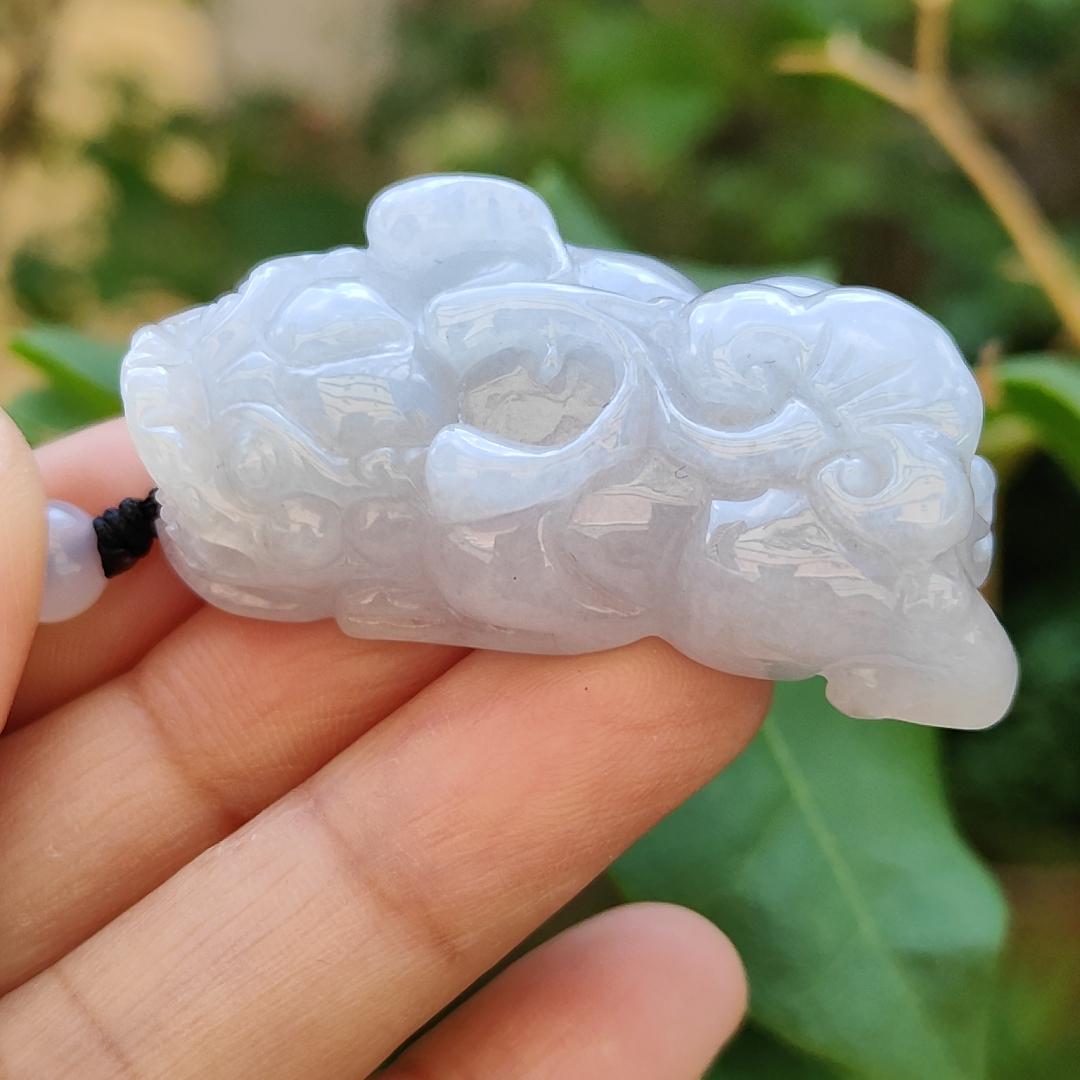 Light Lavender Natural Type A Jadeite Pendant carved as Pixiu with ruyi symbols of Joy and good luck, certificate included weigh 26.95 grams, 45.8 * 23.8 * 12.8 mm, suitable for daily wear boosting your luck (pendant75)