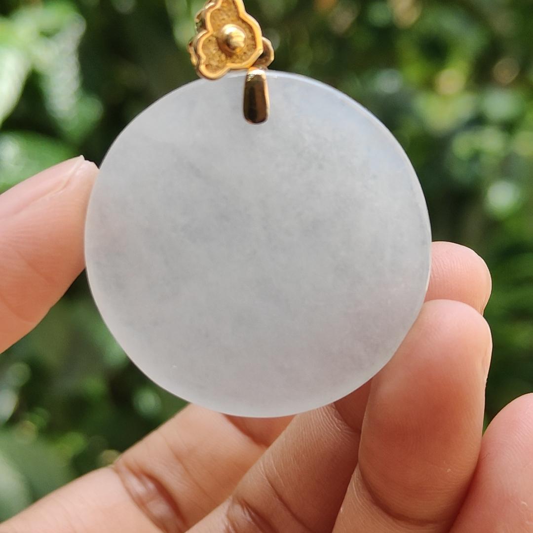 Mid-Year Special - Semi Icy Translucent Natural Type A Jadeite Jade crafted with round shape as Pendant with 18k Gold Clasp, certificate weigh 18.24 grams, measurement 35.2 * 5.5 mm (18kp32)