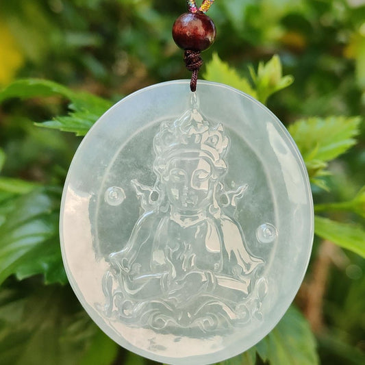 Very Rare High Translucent Icy Natural Type A Jadeite Pendant carved with Guanyin symbolizes compassion, mercy, healing, protection, purity, enlightenment, harmony, balance, and the feminine divine certificate weigh 19.62 g, 52.8 * 46.6 * 5 mm (pendant78)