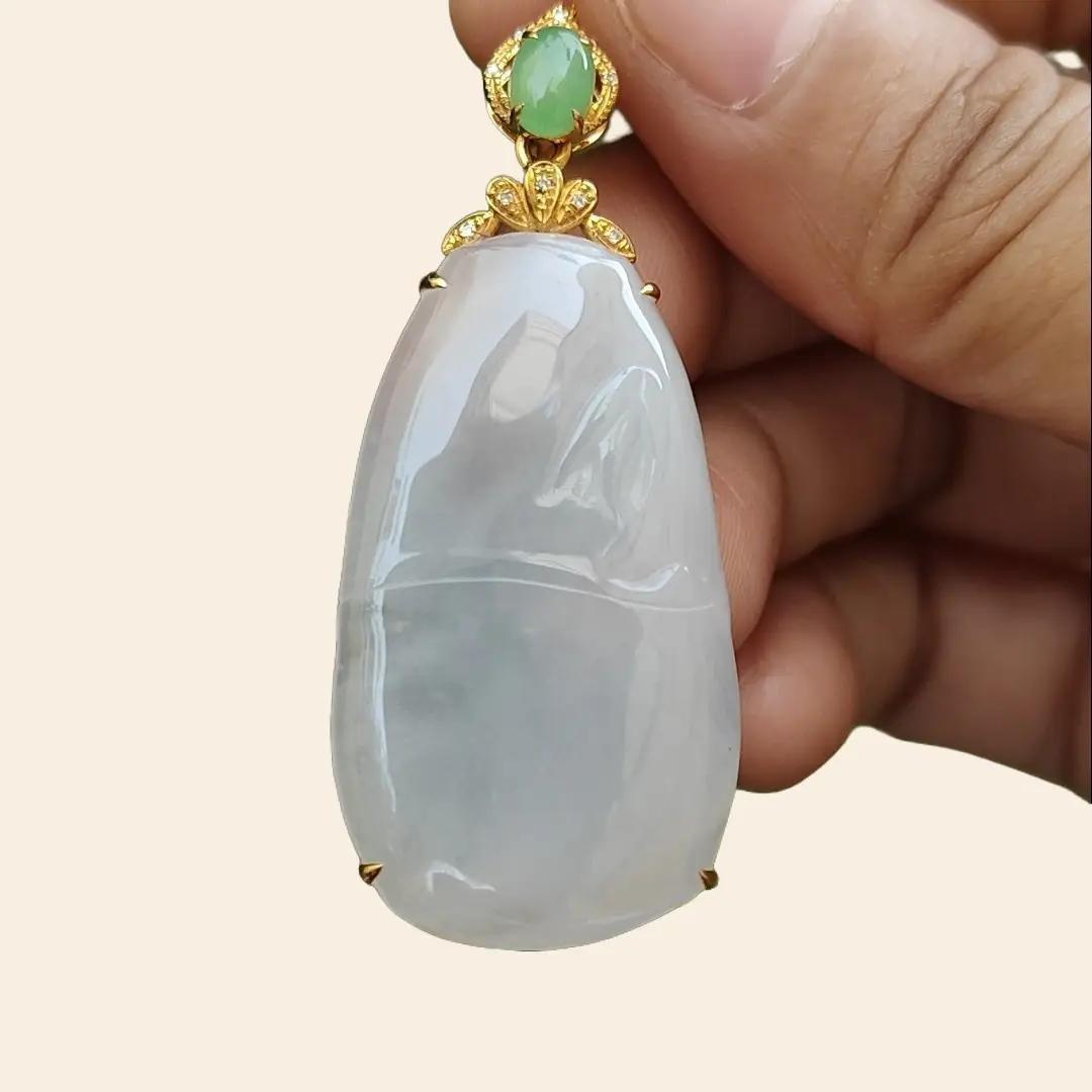 Icy Translucent Natural Type A Jadeite Jade crafted as Bamboo set on 18k gold with diamonds as Pendant, certificate weighs 9.99 grams, measurement 38.2 * 21.6 * 4.9 mm (18kp40)