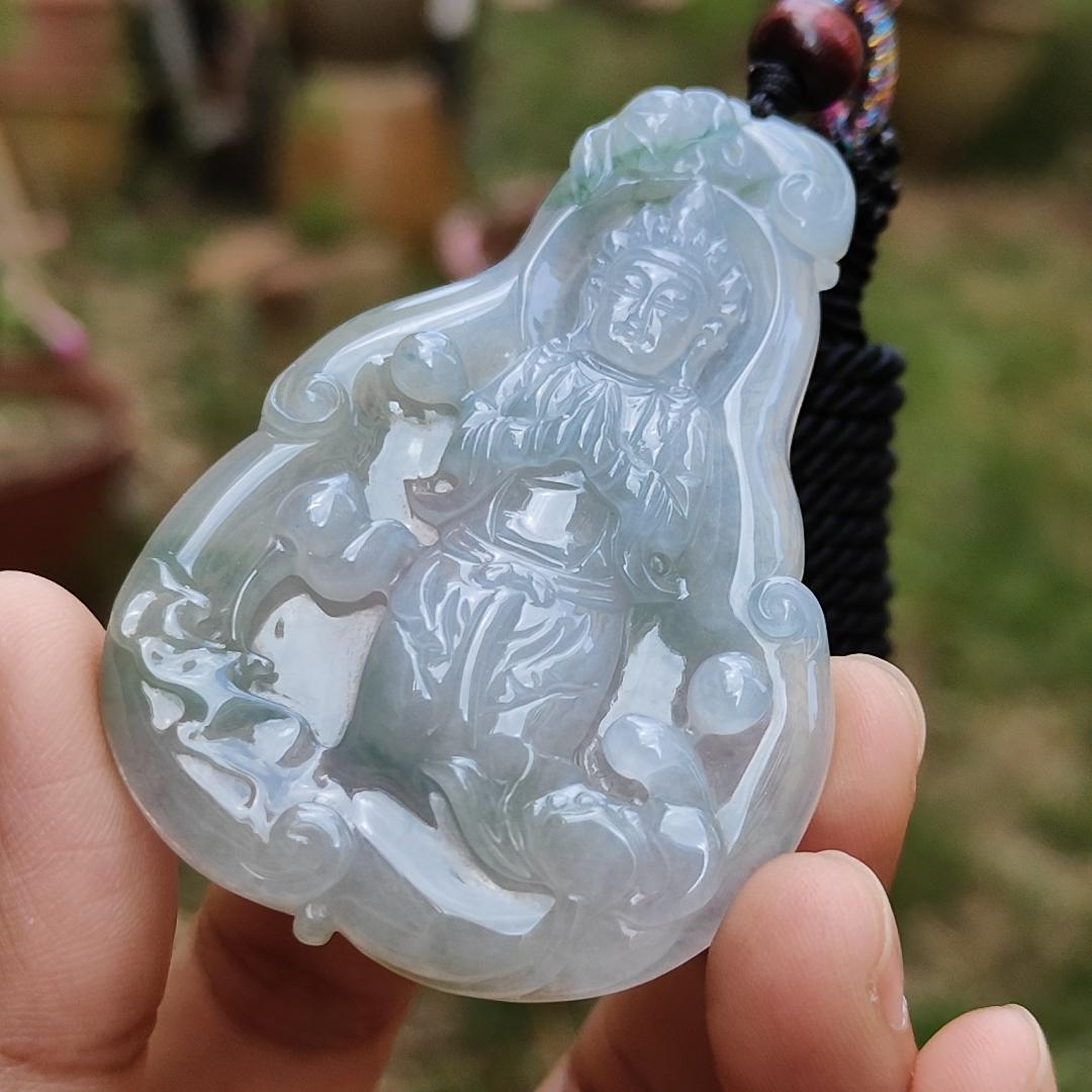 High Quality Light Lavender, Light Green with Yellow patches Natural Type A Jadeite Jade crafted with Guanyin as Pendant, certificate weigh 27.22 grams, measurement 63 * 44.3 * 6.8 mm (pendant229)