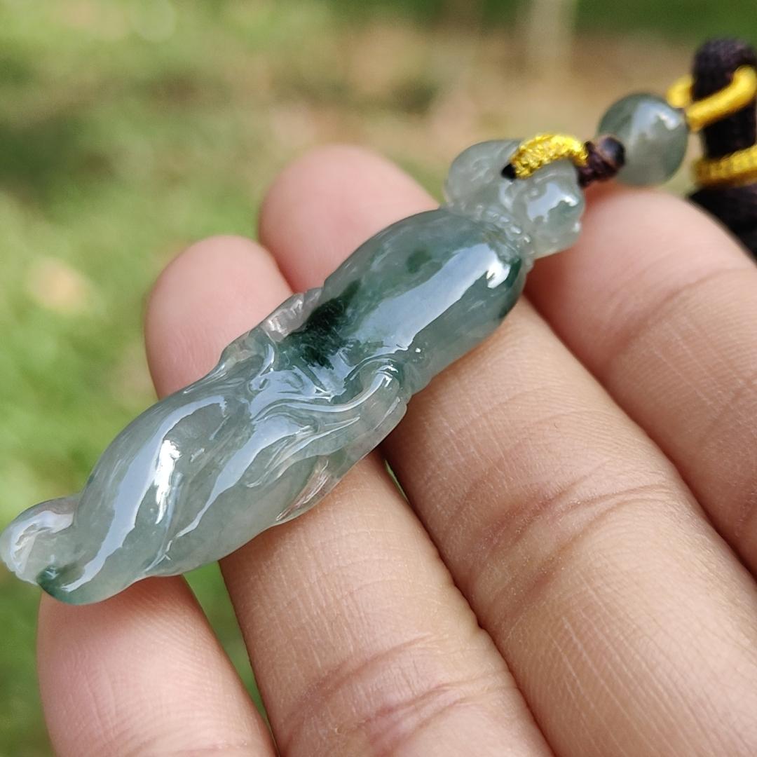 High Quality Light Green with Green Natural Type A Jadeite Jade crafted with shape of Ginseng as Pendant, certificate weighs 7.63 grams, measurement 48.2 * 12.7 * 7.1 mm (pendant277)