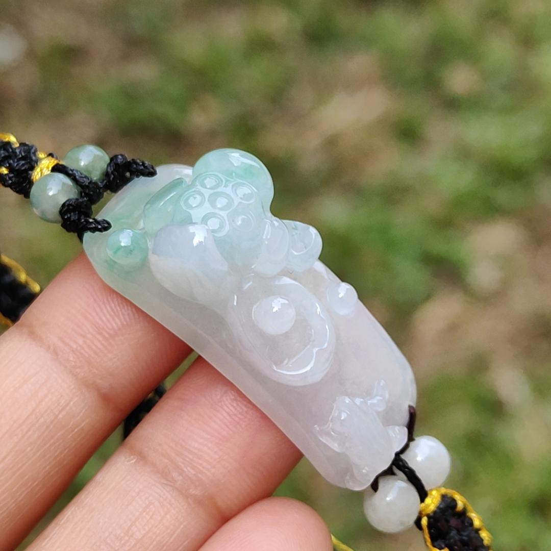 Light Green Natural Type A Jadeite Jade crafted with frog and Lotus as bracelet, certificate weigh 9.98 grams, measurement 33.9 * 14.1 * 12.3, (bracelet23)