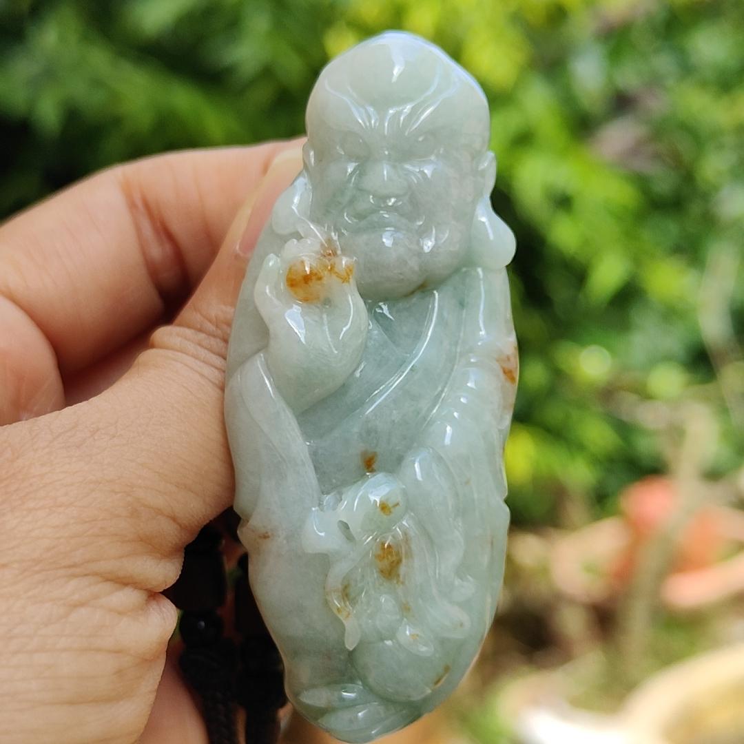 Light Green with Golden Yellow Patches Super Rare Natural Type A Jadeite Jade crafted with Arhat as Pendant, certificate weighs 57.71 grams, measurement 69.7 * 39.3 * 14.5 mm (pendant263)