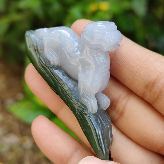 Lavender and Green Natural Type A Jadeite Handheld Piece crafted with Pixiu meaning rich, happiness and good luck with certificate weight 29.97 grams, 61.30 * 10.70 * 34.60 mm, also suitable for display anywhere at home, car or office (hand1)