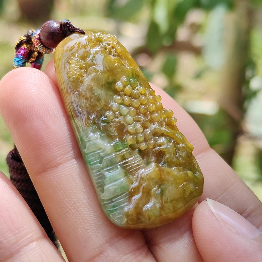 Rare quality Yellow with reddish brown and green Natural Type A Jadeite Jade crafted with sceneries as pendant, certificate weigh 11.38 grams, measurement 45.6 * 24.3 * 5.2 mm (pendant216)