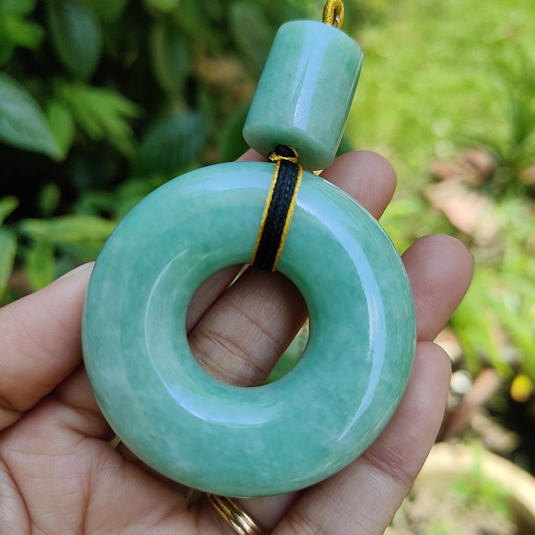 Hugh Light Green crafted with Shape of Donut and Cylinder Natural Type A Jadeite Jade as Pendant, certificate weighs 73.85 and 12.55 grams, measurements 52.8 * 52.7 * 14.3, 19.1 * 16.3 mm (pendant290)