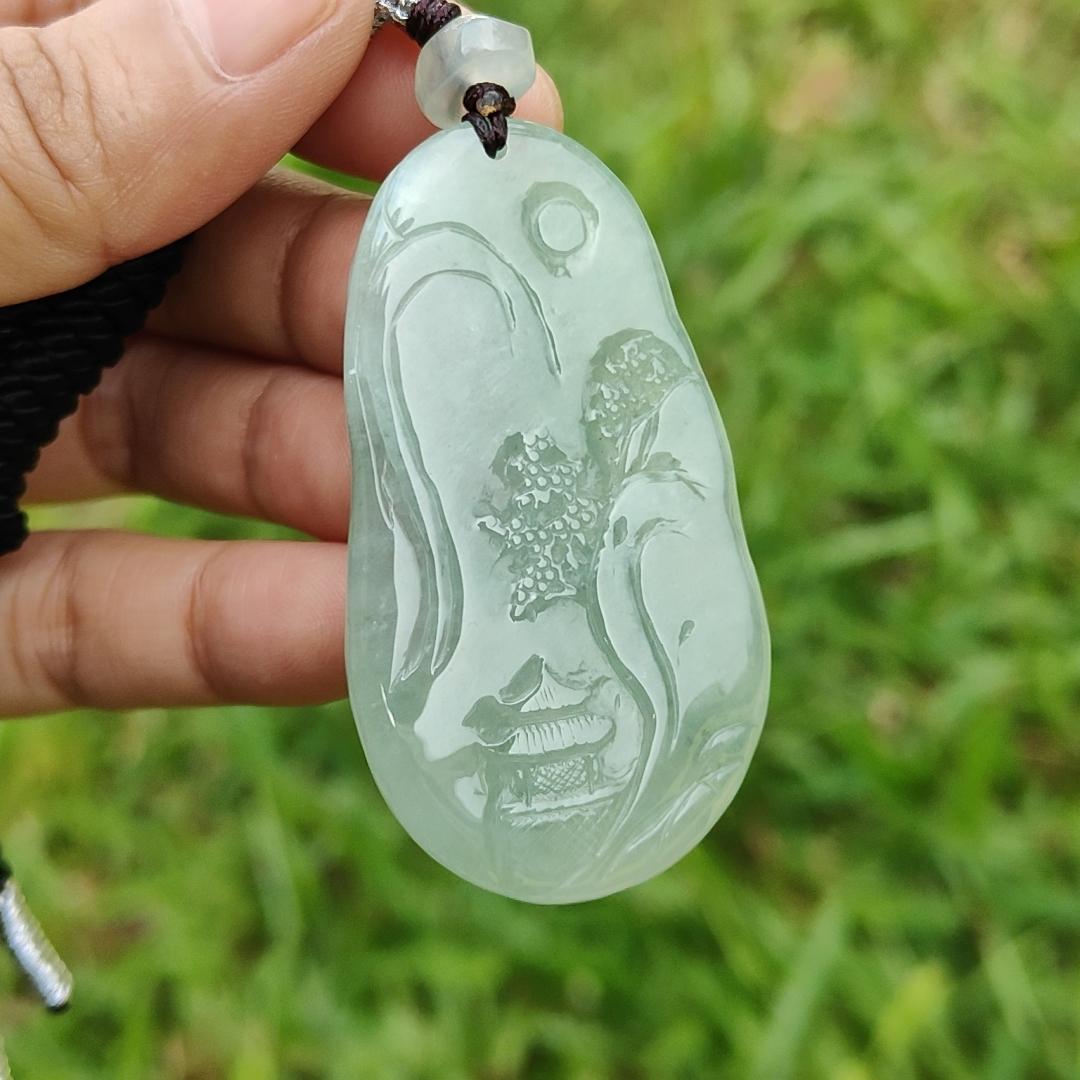 Premium Full Light Green with Good Translucency Natural Type A Jadeite Pendant Necklace crafted with Moutain, Trees, Houses, Bride and Running Water with certificate weigh 28.09 grams, 54 * 29.8 * 9.8 mm (pendant36)