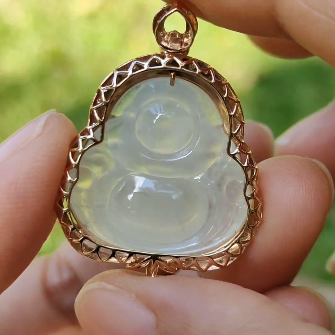 Premium Quality Icy Translucent Natural Type A Jadeite Jade crafted with Milo Buddha Set on 18k Gold as Pendant, certificate weighs 6.48 grams, measurement 34.1 * 26 * 11.6 mm (18kp61)