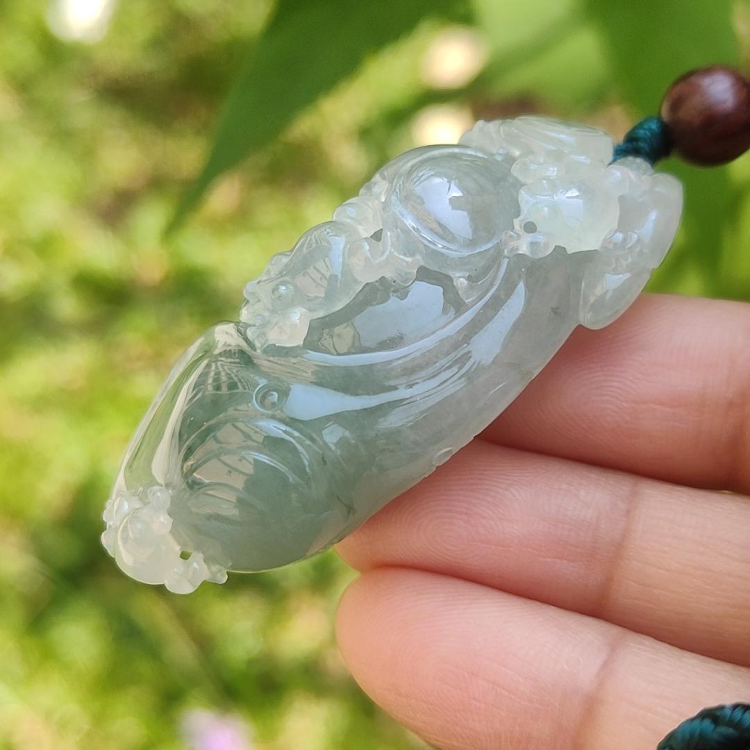 Premium Light Green Semi Icy Natural Type A Jadeite Jade Pendant crafted with frogs, coins and lotus with certificate weigh 35.12 grams, measurement 50.7 * 24.7 * 18.2 mm (pendant193)