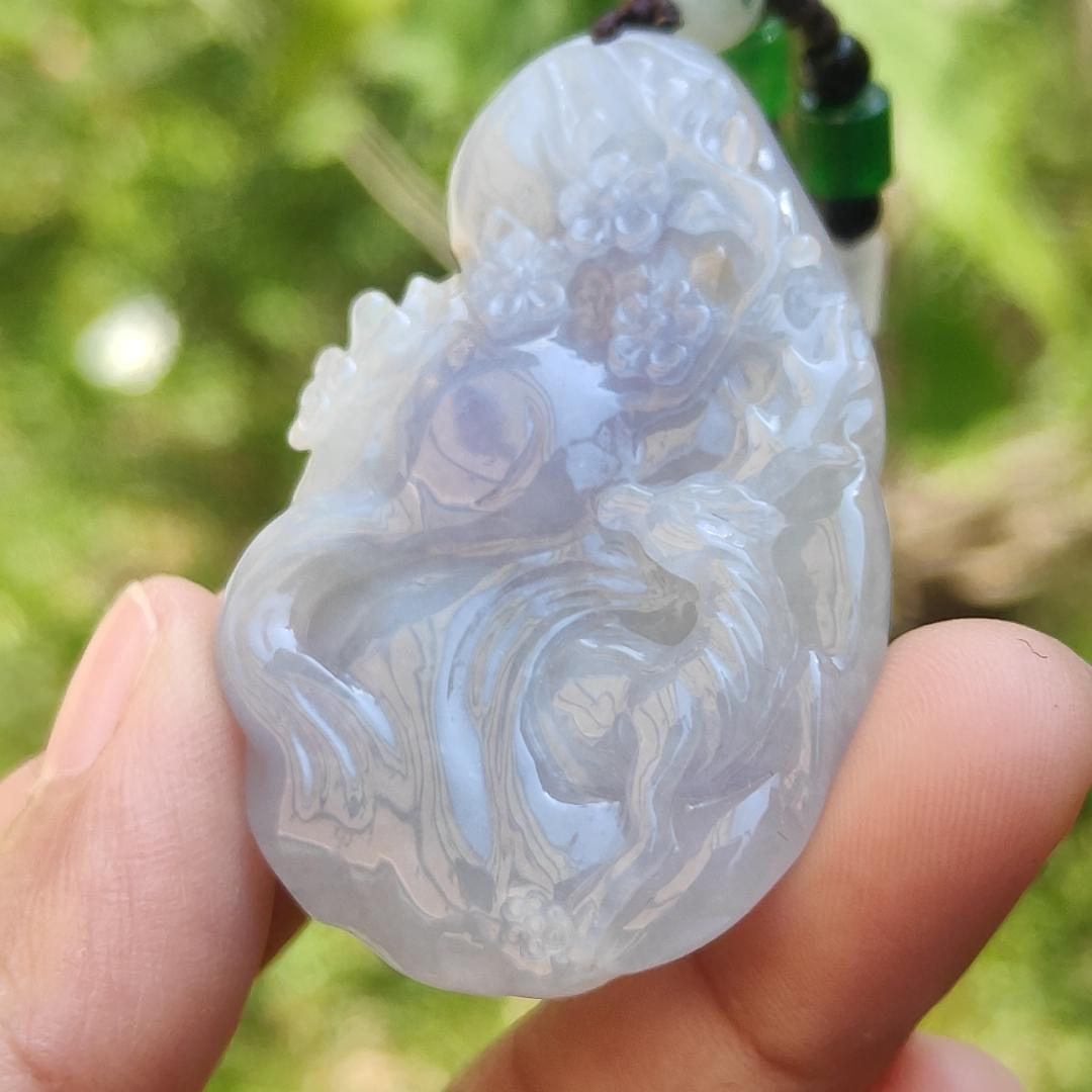 A Lavender with spread of brown and green patches Natural Type A Jadeite Jade Pendant Crafted with deer and flower, certificate weigh 24.4 grams, measurement 51.5 * 33.7 * 7.8 mm (pendant192)1