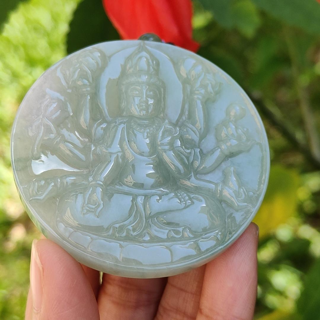 Light Green Natural Type A Jadeite Pendant Necklace crafted as Thousand Hands Guanyin with certificate weigh 48.82 grams, 57.6 * 57.6 * 7.2 mmsymbols of Eliminate obstacles and resolve all disasters, peace and auspiciousness for daily wear (pendant43)