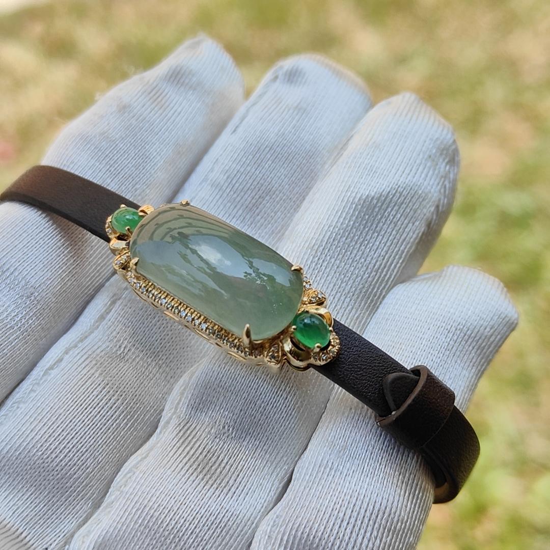 High Premium Quality Natural Type A Jadeite Jade with 3 cabochons set on 18k gold with diamonds as wrist bracelet or pendant, certificate weigh 4.39 grams (18kpw4)