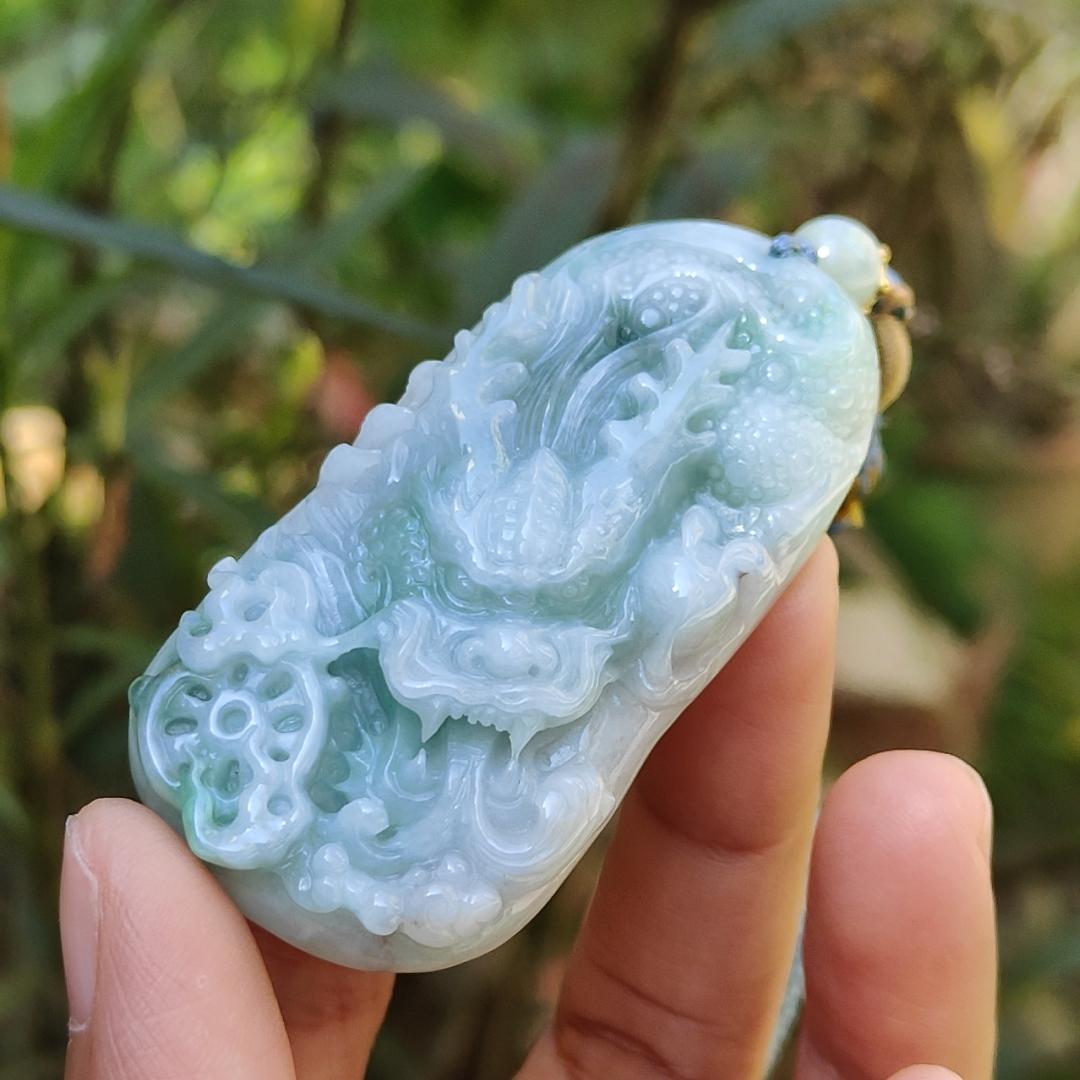 Blueish Green Natural Type A Jadeite Pendant Necklace crafted with Dragon and Fengshui Wheel, with GIC approved certificate weigh 39.57 grams, 58 * 29.8 * 12.6 mm, suitable for daily wear (pendant61)