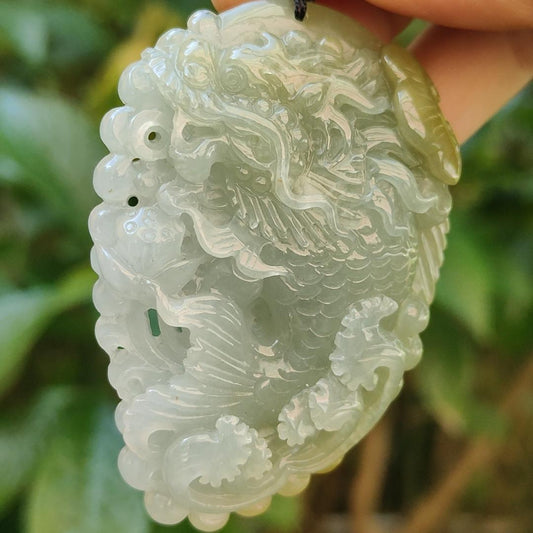 Tea Green Yellow Natural Type A Jadeite Pendant Carved as Dragon Head Fish Body meaning Prosperity, wealth and happiness with certificate weighs 49.67 grams, 62.60 * 43.50 * 12.10 mm (pendant93)