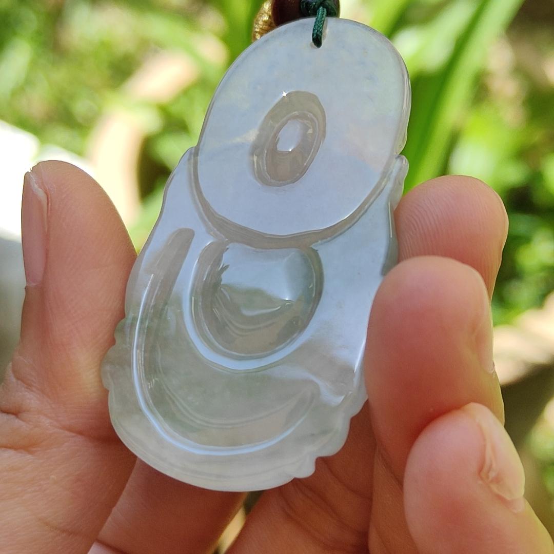 High Quality Icy Translucent Light Green Natural Type A Jadeite Jade crafted with Fortune God as Pendant, certificate weighs 16.37 grams, measurement 50.8 * 29.2 * 6 mm (pendant265)