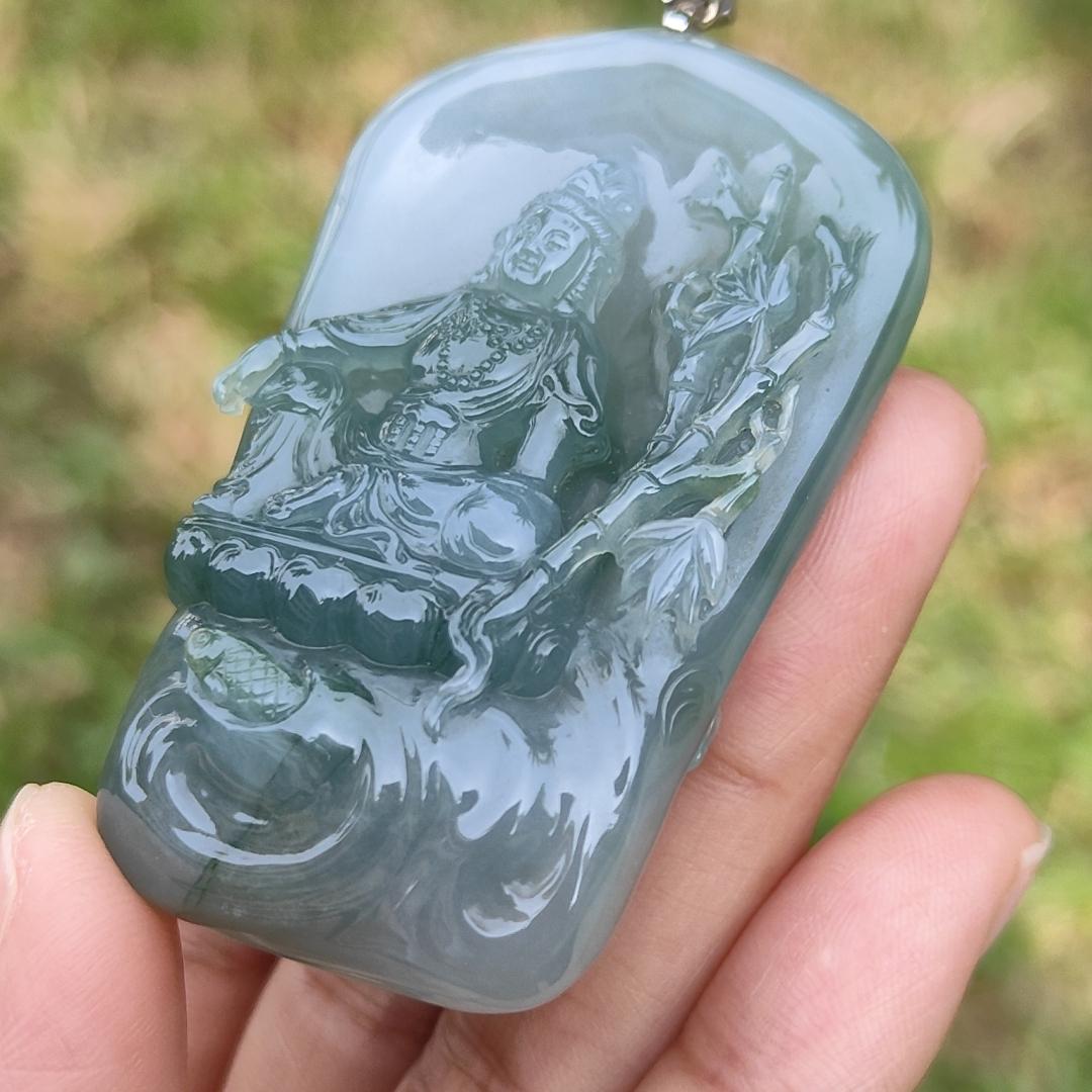 Premium Quality Semi Icy Light Green Natural Type A Jadeite Jade crafted with Guanyin as pendant, certificate included weigh 45.05 grams, measurement 56 * 35.6 * 11.8 mm (18kp24)