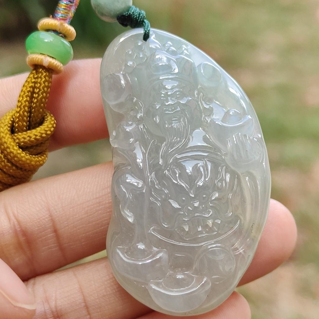 High Quality Icy Translucent Natural Type A Jadeite Jade crafted with God of Fortune as Pendant, certificate weighs 24.19 grams, measurement 48.8 * 27.3 * 10 mm (pendant274)