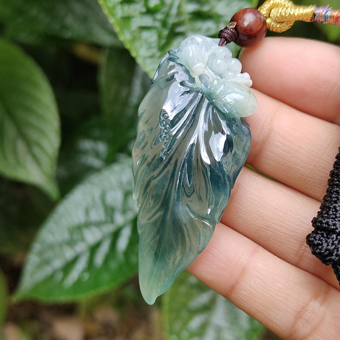 Bluish Dark Green Premium Quality Natural Type A Jadeite Pendant Necklace crafted as leaf with certificate weigh 12.98 grams, 57.7 * 24 * 8 mm, symbols of Great success and rising step by step, career is going smoothly (pendant164)