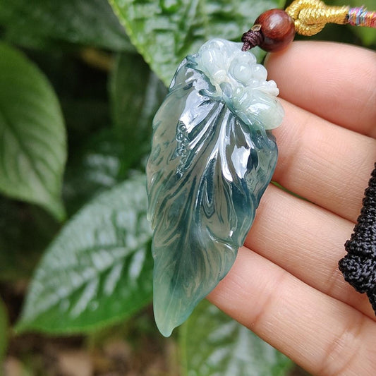 Bluish Dark Green Premium Quality Natural Type A Jadeite Pendant Necklace crafted as leaf with certificate weigh 12.98 grams, 57.7 * 24 * 8 mm, symbols of Great success and rising step by step, career is going smoothly (pendant164)