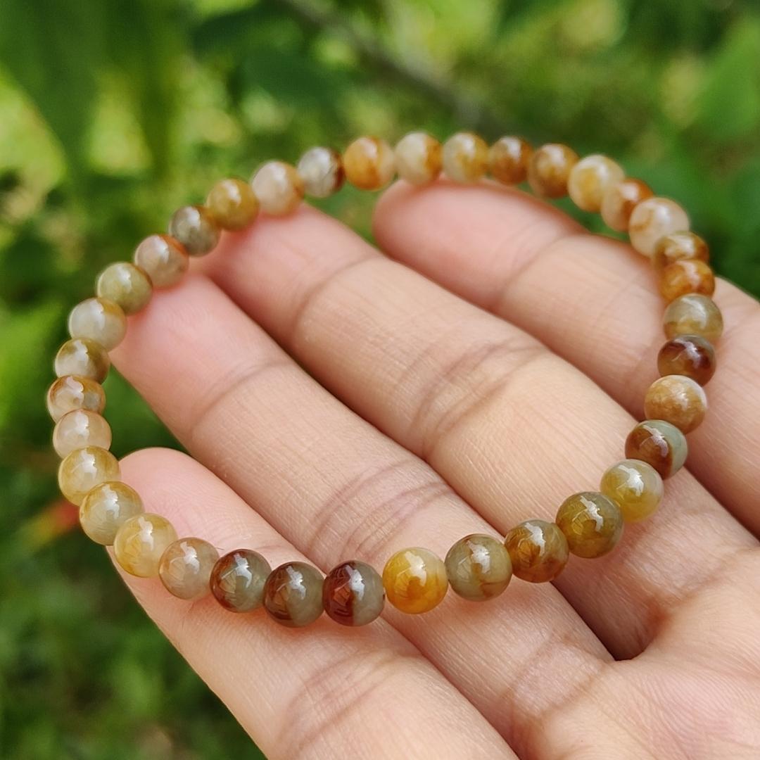 Elegant and Good Quality 5.3mm Icy Yellow, Red, Brown Natural Type A Jadeite Jade 36 Beads Bracelet with QIC labs approved certificate weigh 8.76 grams (bracelet13)