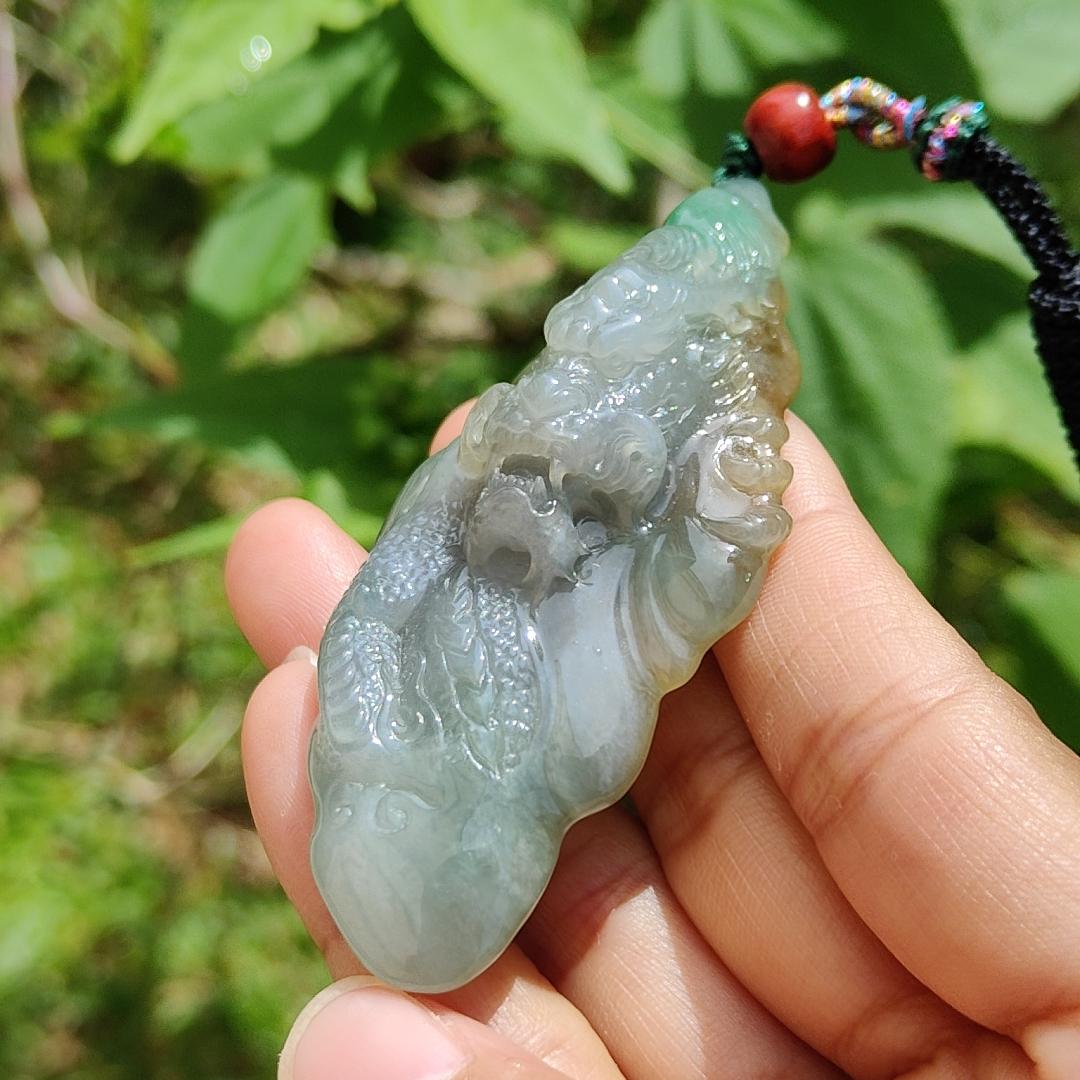 Super Rare Hugh Green and Yellow Natural Type A Jadeite Pendant Necklace Crafted with a Domineering Dragon symbols of Rise step by step, rise rapidly, with certificate weigh 44.19 grams, 77.2 * 37.5 * 15.8 mm (pendant25)