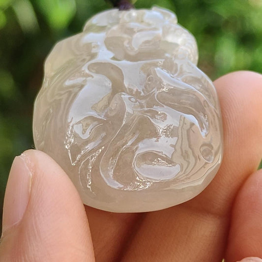 Premium High Quality Old Pit Natural Type A Jadeite Jade crafted with fish and Lotus as Pendant, certificate weigh 25.4 grams, measurement 44.2 * 28.5 * 12.3mm (pendant243)