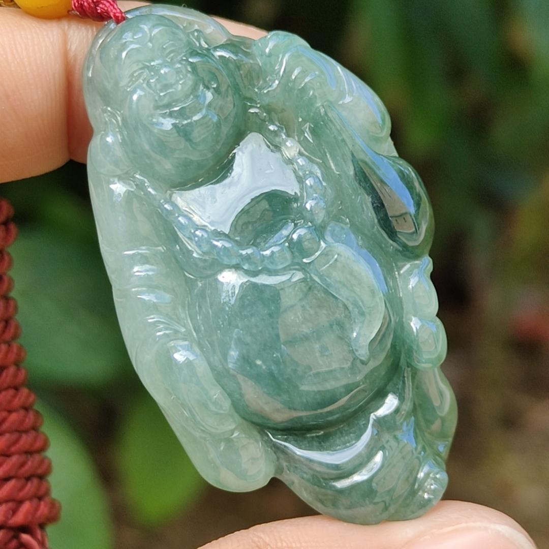 Green Natural Type A Jadeite Jade crafted with Milo Buddha as Pendant, certificate weigh 24.11 grams, measurement 51.2 * 31 * 10.5 mm (pendant239)