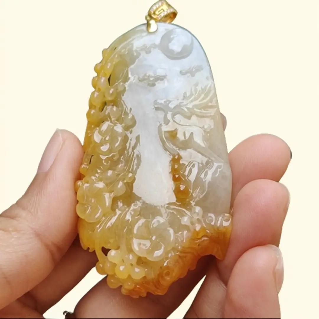 Very Rare Orange Yellow Natural Type A Jadeite Jade crafted with Deer added with 18k Gold Clasp as Pendant, certificate weighs 33.26 grams, measurement 64.8 * 35.2 * 8.5 mm (18kp48)