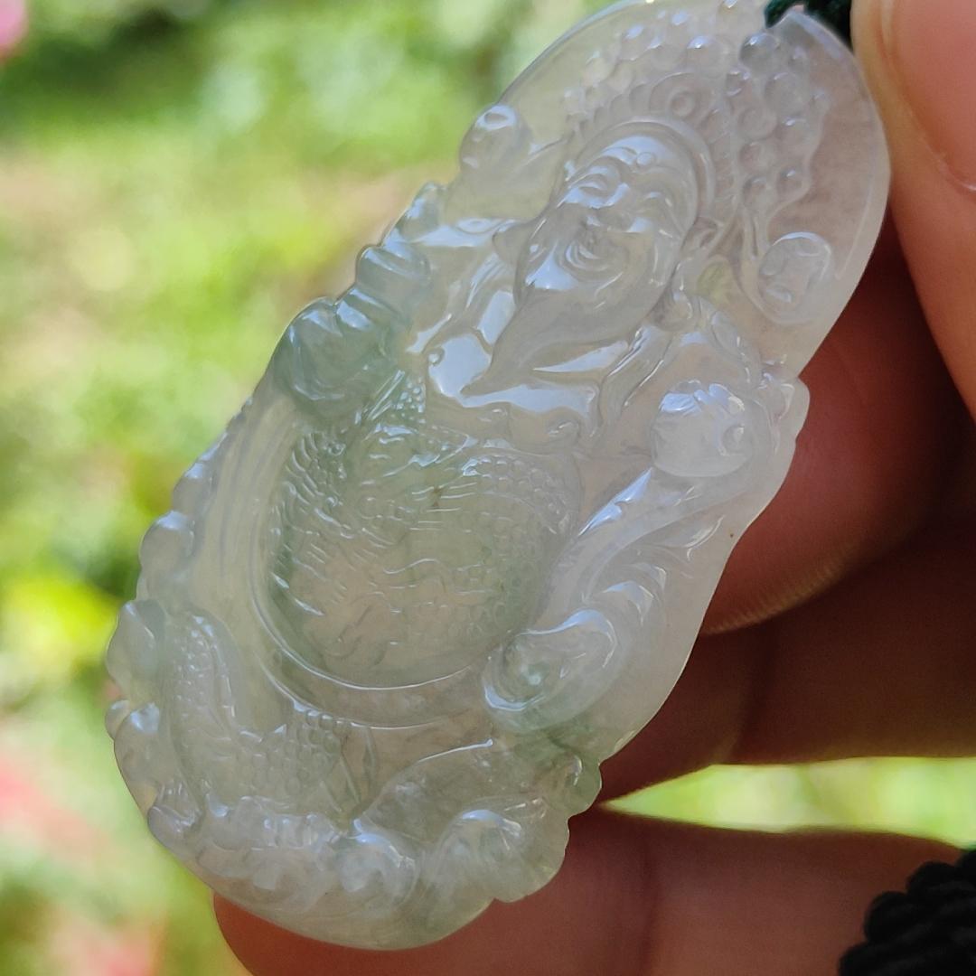 High Quality Icy Translucent Light Green Natural Type A Jadeite Jade crafted with Fortune God as Pendant, certificate weighs 16.37 grams, measurement 50.8 * 29.2 * 6 mm (pendant265)