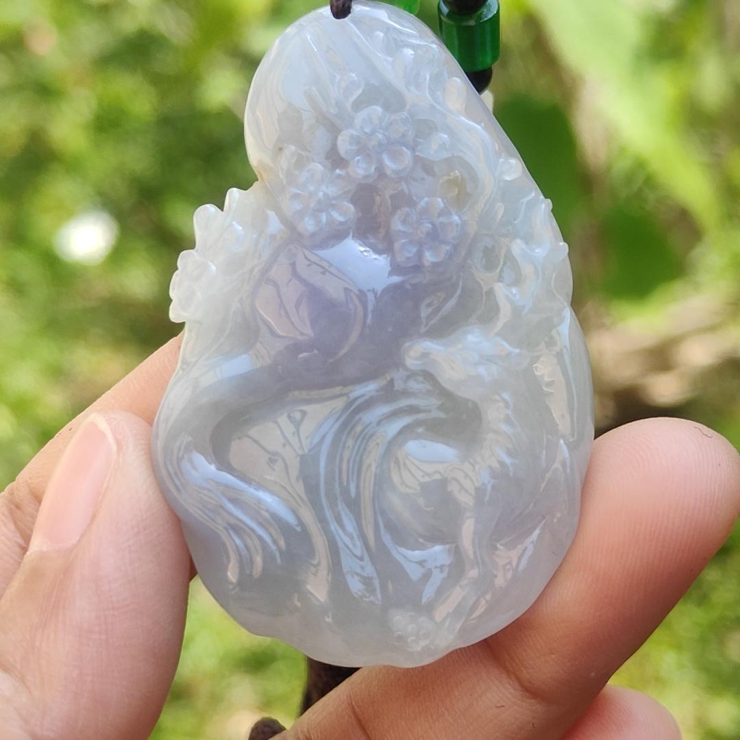 A Lavender with spread of brown and green patches Natural Type A Jadeite Jade Pendant Crafted with deer and flower, certificate weigh 24.4 grams, measurement 51.5 * 33.7 * 7.8 mm (pendant192)1