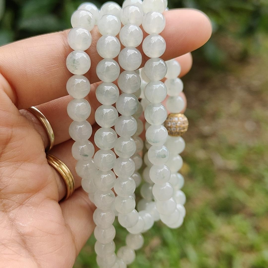 Premium Icy Translucent with Light Green patches Natural Type A Jadeite Jade crafted with 108 * 6.5 mm beads as Bracelet or Necklace, certificate weighs 52.19 grams (bracelet25)