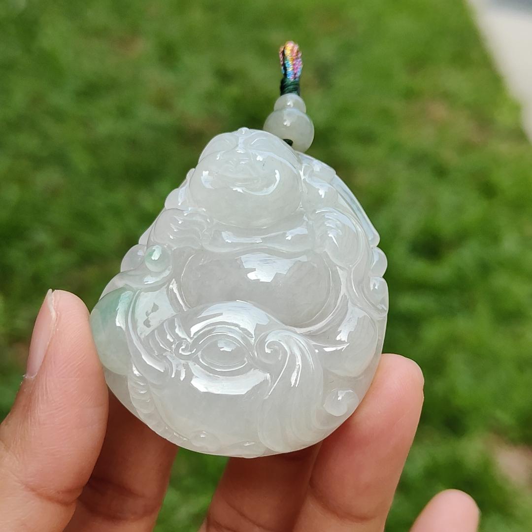 Crafted with Budai Laughing Buddha, Elephant and Ruyi Premium Semi Icy Natural Type A Jadeite with green patches Pendant Necklace with certificate weigh 45.38 grams, 50.5 * 44 * 12.3 mm (pendant160)