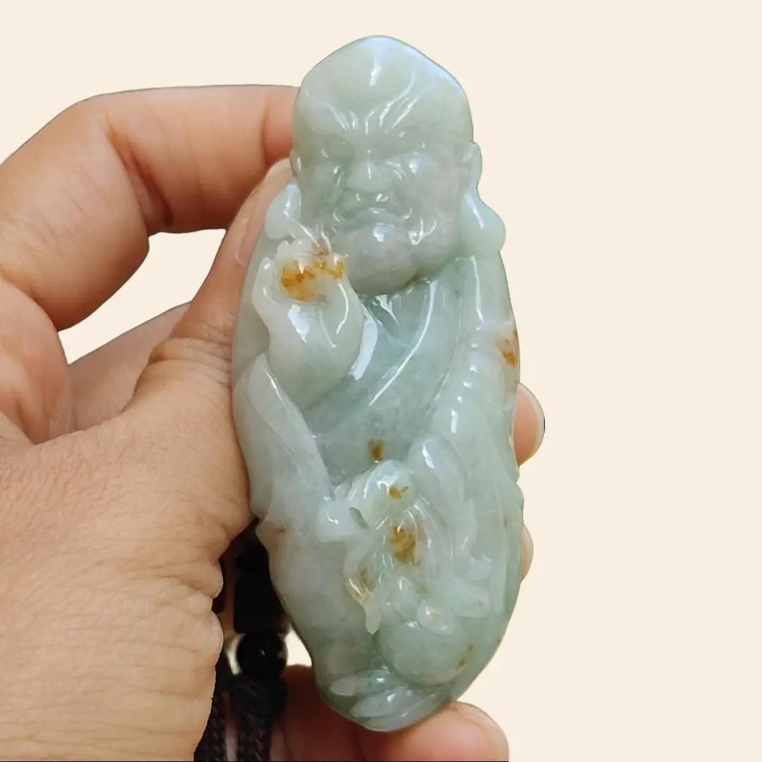 Light Green with Golden Yellow Patches Super Rare Natural Type A Jadeite Jade crafted with Arhat as Pendant, certificate weighs 57.71 grams, measurement 69.7 * 39.3 * 14.5 mm (pendant263)