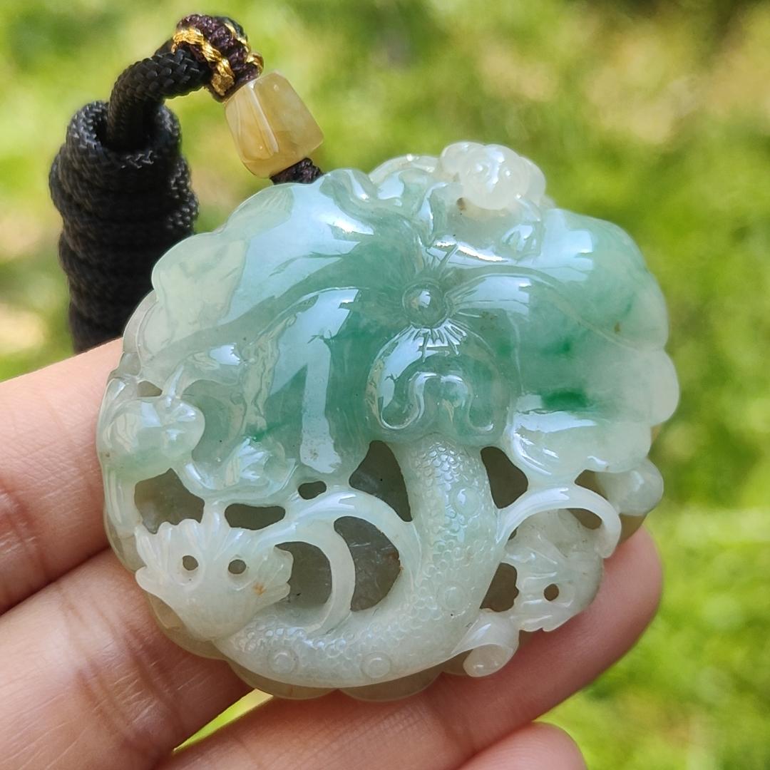 Rare Quality Yellow and Green Natural Type A Jadeite Jade beautifully crafted with frog and lotus old school hollow style, certificate weigh 27.08 grams, measurement 41.6 * 48 * 11 mm (pendant209)