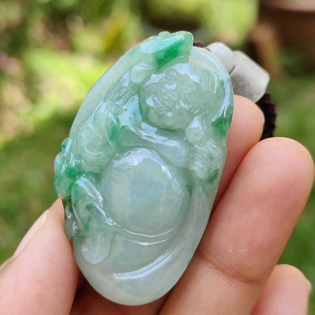 Rare High Quality Light Green and Green Natural Type A Jadeite Jade crafted with Milo Buddha as Pendant, certificate weighs 28.04 grams, measurement 46.3 * 30.3 * 13.9 mm (pendant285)