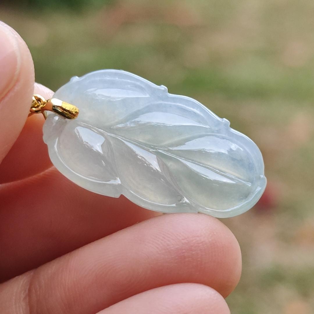 High Quality Icy Light Green Hue Natural Type A Jadeite Jade crafted as Leaf with 18k Gold Clasp, certificate weigh 3.85 grams, measurement 27.2 * 14.9 * 4.8 mm (18kp35)