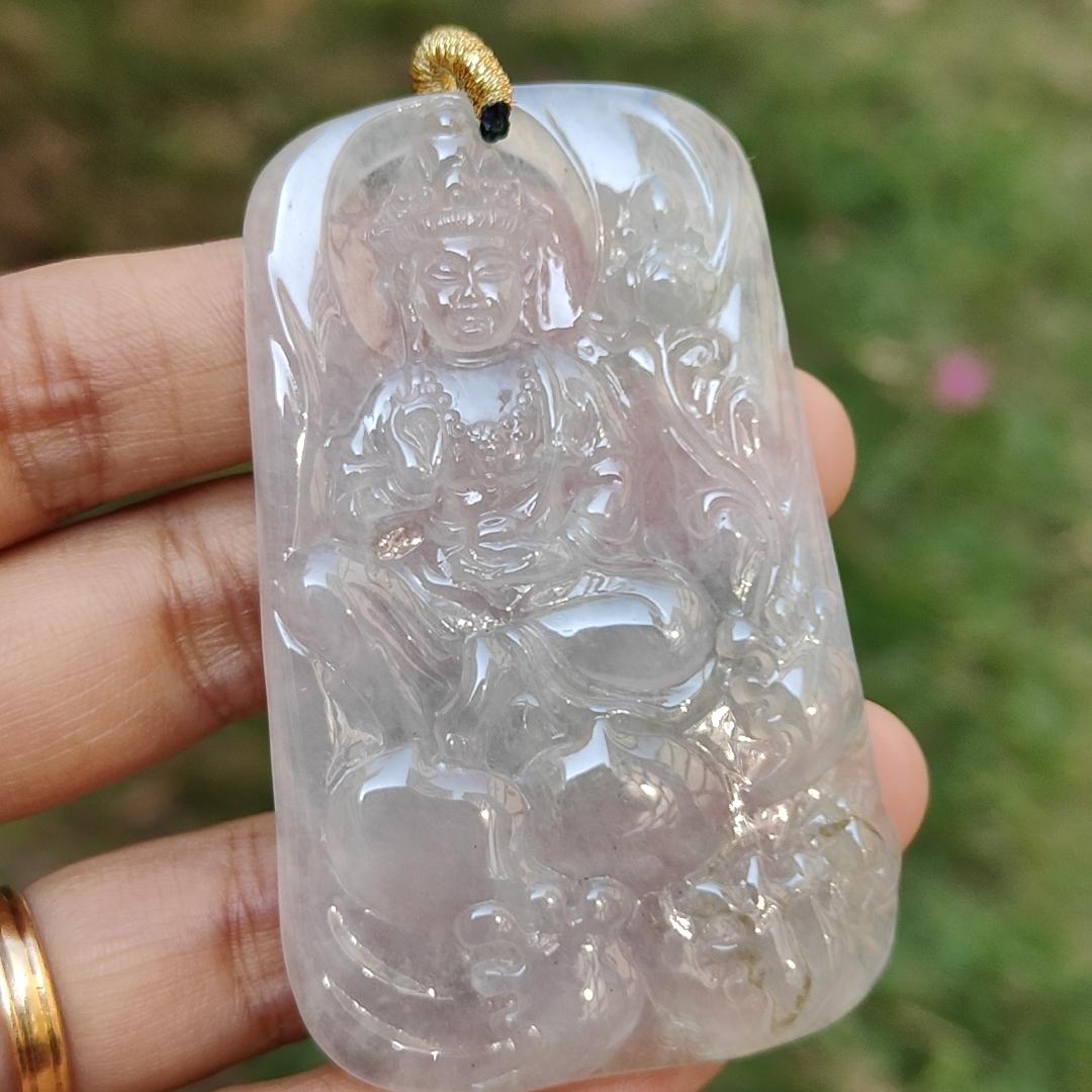 High Quality Icy Translucent Natural Type A Jadeite Jade crafted as Bodhisattva Pendant, certificate weighs 29.9 grams, measurement 64.5 * 40.3 * 5.5 mm (pendant286)