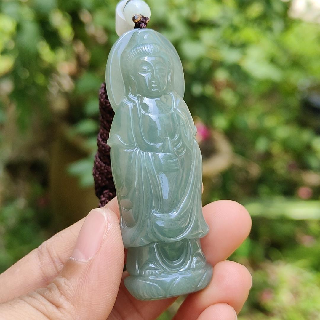 Good Quality Light Green Natural Type A Jadeite Jade crafted with standing Guanyin as Pendant, certificate weighs 31.45 grams, measurement 65.2 * 24.1 * 11 mm (pendant259)