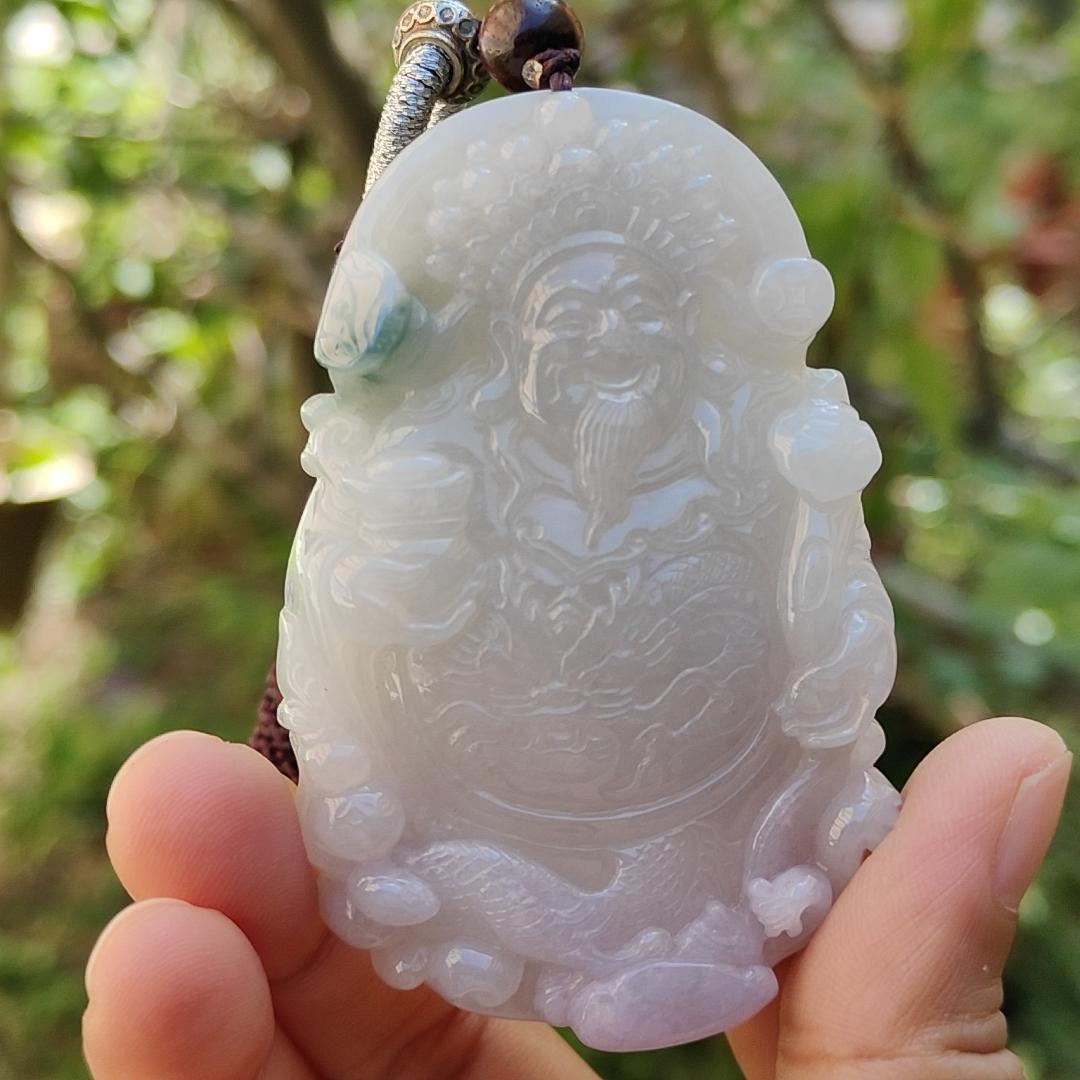 Premium Quality Lavender and Green Natural Type A Jadeite Pendant Necklace crafted with Big Fortune God Holding Ruyi with certificate weigh 77.38 grams, 70 * 47 * 11.8 mm (pendant35)