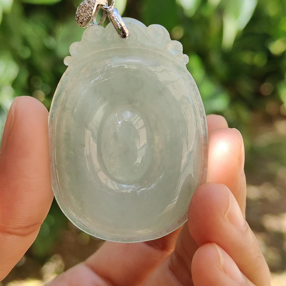 Good Quality Light Green Hue Icy Natural Type A Jadeite Jade crafted with Fobe as pendant, meaning Good luck, happiness, wealth and honor, certificate weigh 19.03 grams, measurement 50.2 * 36.3 * 6.2 mm (pendant234)