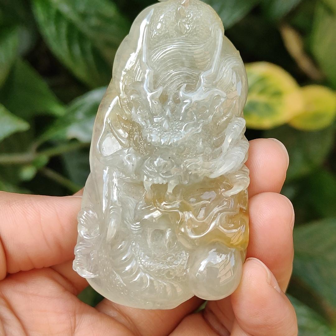 Premium Quality Yellow Natural Type A Jadeite Jade crafted with Dragon as Pendant, certificate weighs 53.72 grams, measurement 67.3 * 37.5 * 12.9 mm (pendant240)