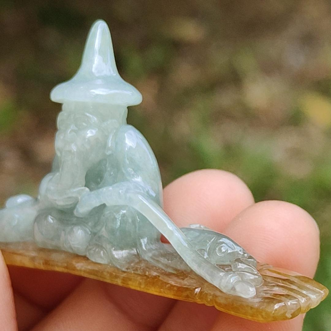 Light Green with Yellow Natural Type A Jadeite Jade crafted with Old Men Fishing as Display, certificate weighs 17.06 grams, measurement 65.2 * 32.8 * 12 (display1)