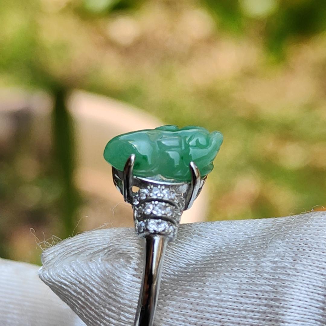 Green Natural Type A Jadeite Jade crafted with Pixiu set on adjustable S925 as a Ring with certificate weigh 2.6 grams, measurement 12.2 * 7 * 4.9 (s925ring9)